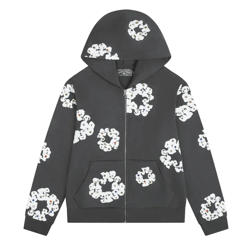 Denim Tears Rhinestone Wreath Zip Hoodie Vintage Black