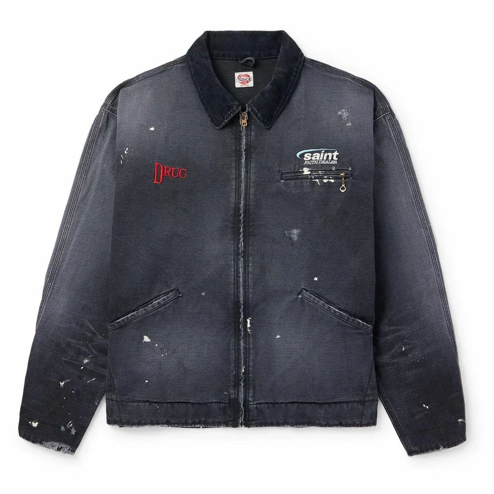 SAINT MXXXXXX - Corduroy-Trimmed Logo-Embroidered Distressed Cotton-Canvas Jacket - Black
