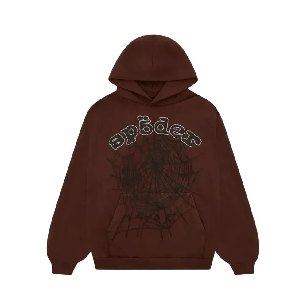 Sp5der x Travis Scott ComplexCon Exclusive Rhinestone Web Hoodie Brown